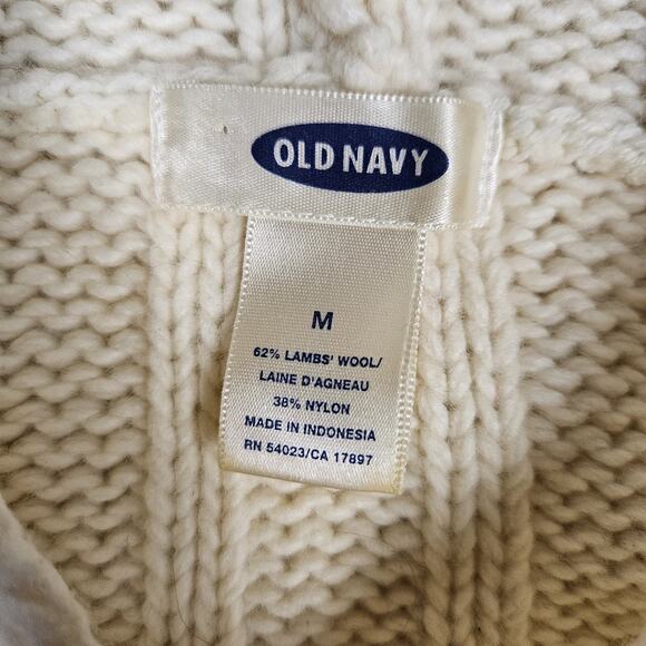 Vintage Y2K Cable Knit Sweater Womens Lambs Wool Hood Wood Toggle Button Cream M - Picture 12 of 15